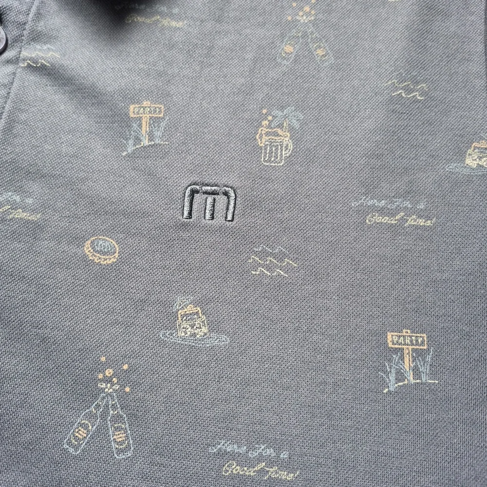 Travis Mathew Polo Shirt Mens Medium Slate Blue Golf Beer Beach Party‎ Pima Logo